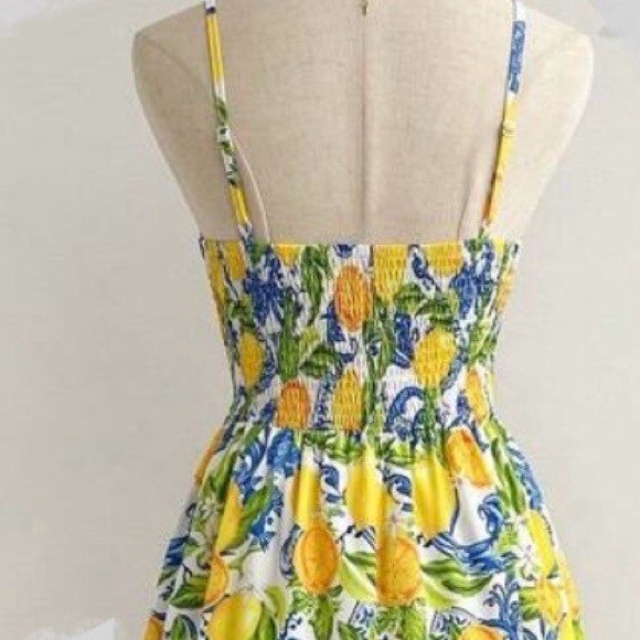 Boho Lemon Print Bandeau Smocked Cut Out Cami Tank Top Midi Dress Yellow - Picture 3 of 6